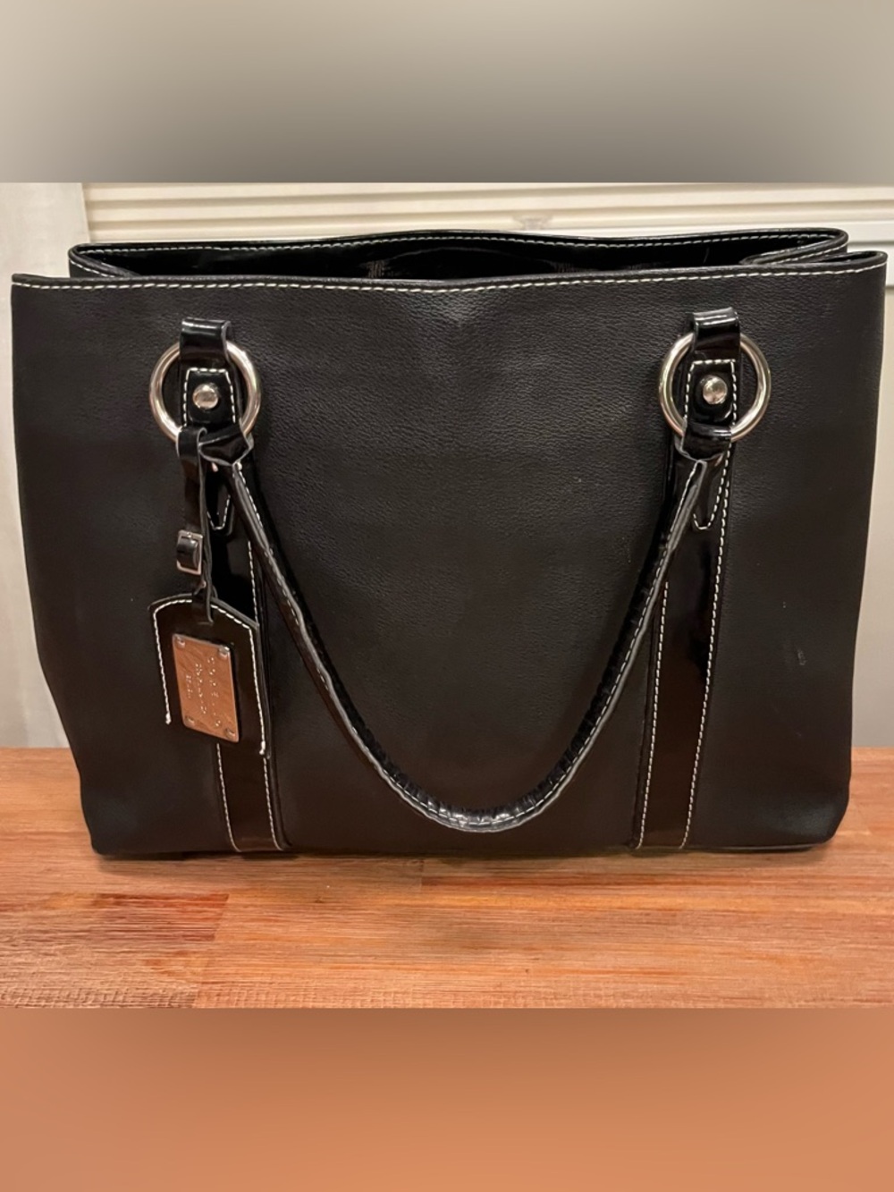 Structured Black Tote with Contrast Stitching and Ring Hardware